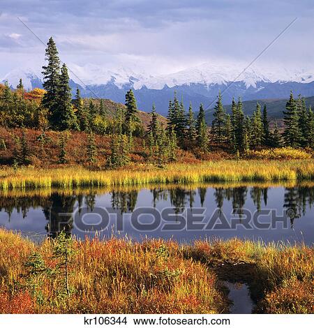 NYMPH LAKE AND CLOUD SHROUDED SNOW CAPPED ALASKA RANGE AT SUNSET DENALI NATIONAL PARK ALASKA USA View Large Photo Image Picture - NYMPH LAKE AND CLOUD SHROUDED SNOW CAPPED ALASKA RANGE AT SUNSET DENALI NATIONAL PARK ALASKA USA. Fotosearch