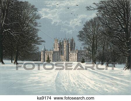 PAINTING OF GLAMIS CASTLE IN WINTER SNOW BUILT IN THE 1400s HOME TO QUEEN MOTHER AND LYON FAMILY ANGUS SCOTLAND View Large Photo Image Picture - PAINTING OF GLAMIS CASTLE IN WINTER SNOW BUILT IN THE 1400s HOME TO QUEEN MOTHER AND LYON FAMILY ANGUS SCOTLAND. Fotosearch