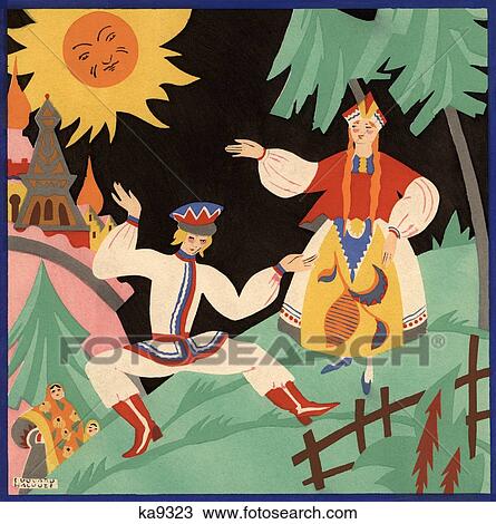 Russian Folk Dance Couple On Hillside Art Deco Illustration By Edouard Halouze French Artist View Large Photo Image Stock Image - Russian Folk Dance Couple On Hillside Art Deco Illustration By Edouard Halouze French Artist. Fotosearch