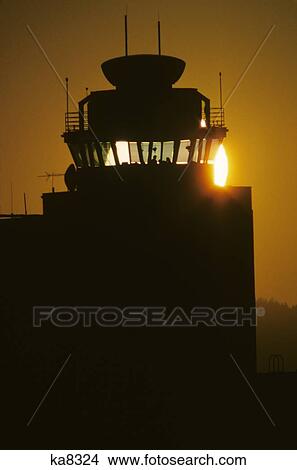 Silhouetted Air Control Tower Setting Sun Portland, Oregon View Large Photo Image Picture - Silhouetted Air Control Tower Setting Sun Portland, Oregon. Fotosearch