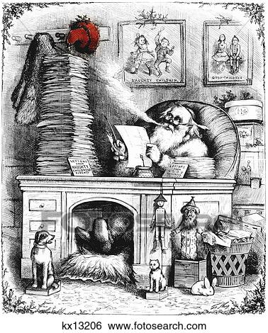THOMAS NAST LINE DRAWING OF SANTA CLAUS AT HIS DESK WITH MAIL FROM NAUGHTY & GOOD CHILDREN RED HAT ON PEG View Large Photo Image Stock Photograph - THOMAS NAST LINE DRAWING OF SANTA CLAUS AT HIS DESK WITH MAIL FROM NAUGHTY & GOOD CHILDREN RED HAT ON PEG. Fotosearch