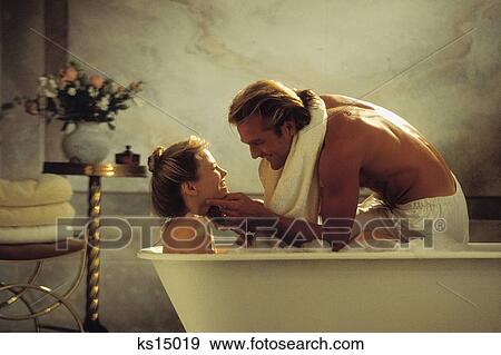 Romantic Couples, Bath, Bathe, Bathroom, Couple, Home Stock Photo