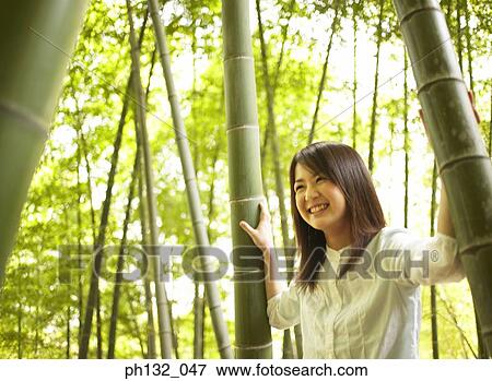 Young woman holding on to bamboo trees View Large Photo Image Stock Photo - Young woman holding on to bamboo trees. Fotosearch