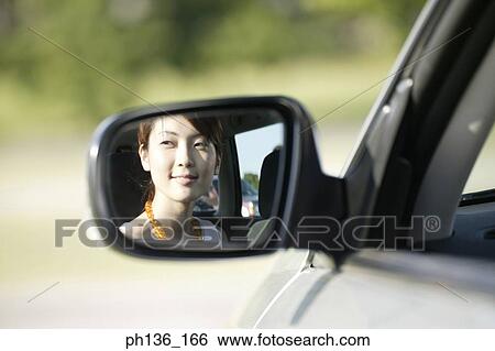 Reflection of a young woman's face in a rear view mirror View Large Photo Image Stock Photograph - Reflection of a young woman's face in a rear view mirror. Fotosearch