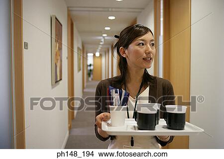 Close-up of a waitress holding coffee cups on a serving tray View Large Photo Image Picture - Close-up of a waitress holding coffee cups on a serving tray. Fotosearch