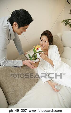 Close-up of a young man giving a potted plant to a young woman View Large Photo Image Stock Photo - Close-up of a young man giving a potted plant to a young woman. Fotosearch