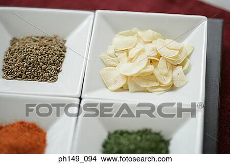 Picture - High angle view of assorted spices on a tray. Fotosearch