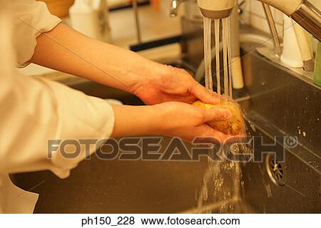Stock Photo - Close-up of a woman's hands washing a raw potato in the kitchen sink. Fotosearch