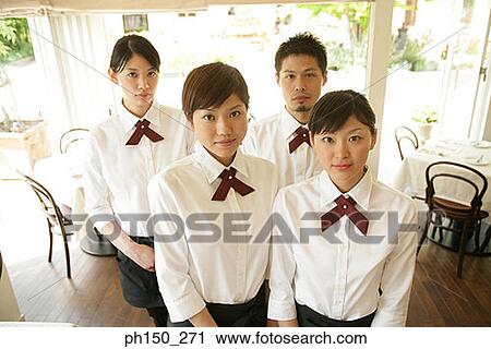 Portrait of a waiter and three waitresses View Large Photo Image Stock Image - Portrait of a waiter and three waitresses. Fotosearch