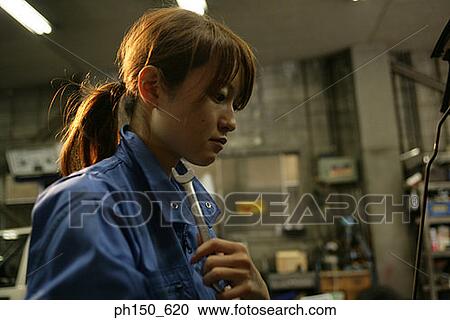Side profile of a female auto mechanic holding a spanner View Large Photo Image Stock Image - Side profile of a female auto mechanic holding a spanner. Fotosearch
