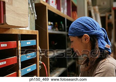 Side profile of a female carpenter in a workshop View Large Photo Image Stock Photo - Side profile of a female carpenter in a workshop. Fotosearch