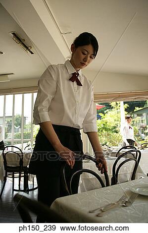Waitress arranging chair along a table in a restaurant View Large Photo Image Stock Photo - Waitress arranging chair along a table in a restaurant. Fotosearch