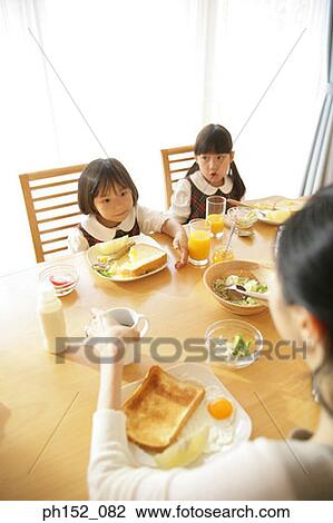 Stock Image - High angle view of two girls sitting at the dining table with their mother. Fotosearch