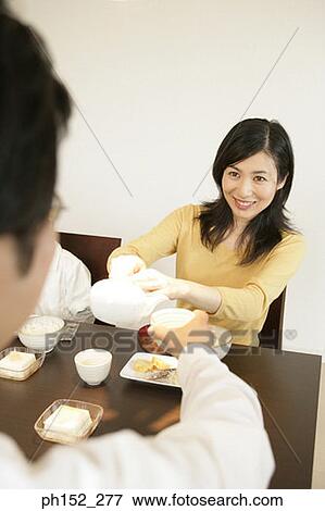 Stock Photo - Mid adult woman pouring tea into a man's cup. Fotosearch
