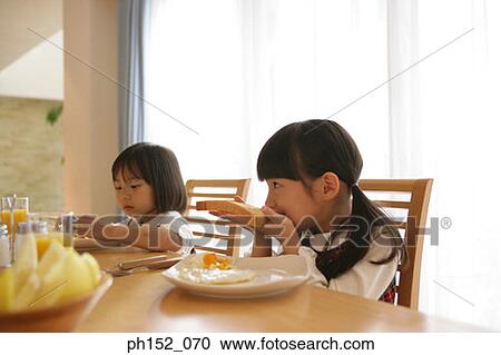 Two girls having breakfast at the dining table View Large Photo Image Stock Image - Two girls having breakfast at the dining table. Fotosearch
