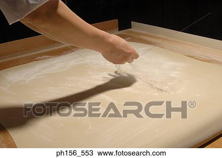 Close-up of a person's hand spreading flour on rolled dough View Large Photo Image Stock Image - Close-up of a person's hand spreading flour on rolled dough. Fotosearch