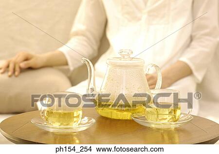 Close-up of teapot on a table with a woman sitting beside it View Large Photo Image Picture - Close-up of teapot on a table with a woman sitting beside it. Fotosearch