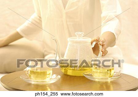Stock Photography - Close-up of teapot on a table with a woman sitting beside it. Fotosearch