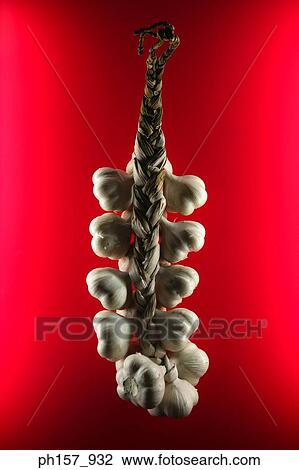 Stock Image - Garlic on red background. Fotosearch