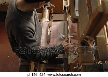 High angle view of a man working on a loom View Large Photo Image Picture - High angle view of a man working on a loom. Fotosearch