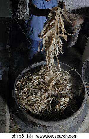 Stock Image - High angle view of a person putting animal hide in a container. Fotosearch