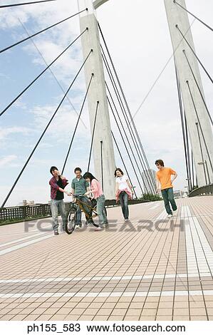 Two young women and three young men walking on a bridge View Large Photo Image Stock Image - Two young women and three young men walking on a bridge. Fotosearch