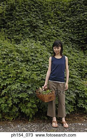 Young woman holding a basket in a garden View Large Photo Image Stock Image - Young woman holding a basket in a garden. Fotosearch