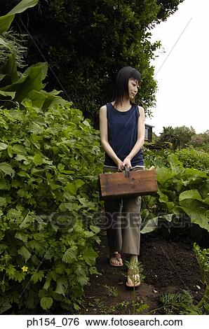 Young woman holding a basket in a garden View Large Photo Image Stock Photograph - Young woman holding a basket in a garden. Fotosearch