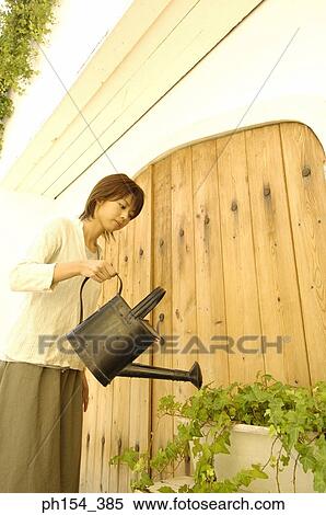 Young woman watering plants with a watering can View Large Photo Image Stock Photography - Young woman watering plants with a watering can. Fotosearch