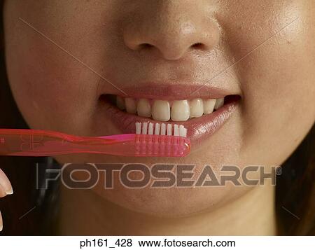 Woman brushing her teeth, close-up View Large Photo Image Stock Photo - Woman brushing her teeth, close-up. Fotosearch