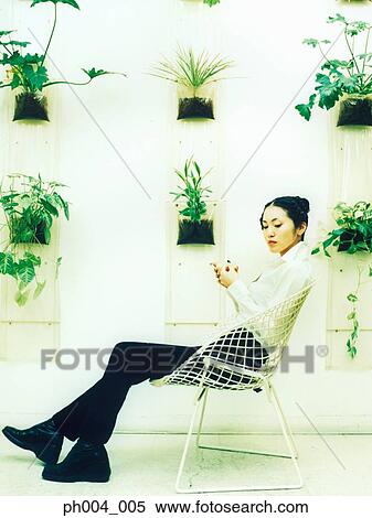 Young woman sitting on wire-framed chairs, potted plants decorated wall background View Large Photo Image Stock Photography - Young woman sitting on wire-framed chairs, potted plants decorated wall background. Fotosearch