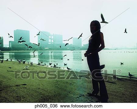 Woman standing on beach, seagulls flying, silhouette View Large Photo Image Stock Photograph - Woman standing on beach, seagulls flying, silhouette. Fotosearch