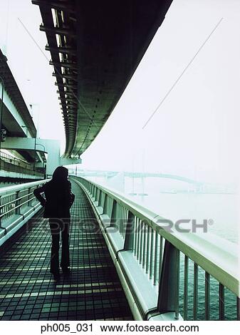 Woman walking under the bridge, silhouette, rear view View Large Photo Image Stock Image - Woman walking under the bridge, silhouette, rear view. Fotosearch