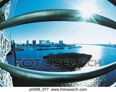 An aerial fisheye lens view of Rainbow Bridge, Tokyo, Japan View Large Photo Image Stock Photo - An aerial fisheye lens view of Rainbow Bridge, Tokyo, Japan. Fotosearch