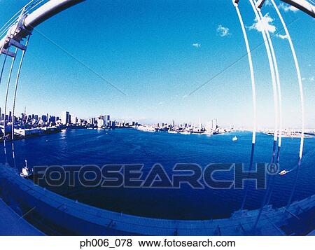 An aerial fisheye lens view of Rainbow Bridge, Tokyo, Japan View Large Photo Image Stock Photo - An aerial fisheye lens view of Rainbow Bridge, Tokyo, Japan. Fotosearch