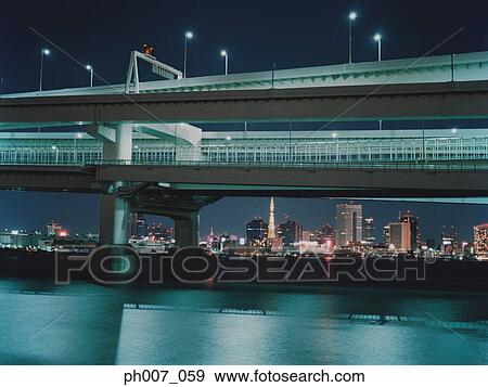 Japan, Rainbow Bridge skyline a night View Large Photo Image Stock Photo - Japan, Rainbow Bridge skyline a night. Fotosearch
