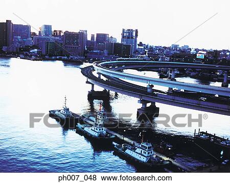 Japan, Rainbow Bridge, Tokyo Bay skyline View Large Photo Image Stock Photo - Japan, Rainbow Bridge, Tokyo Bay skyline. Fotosearch