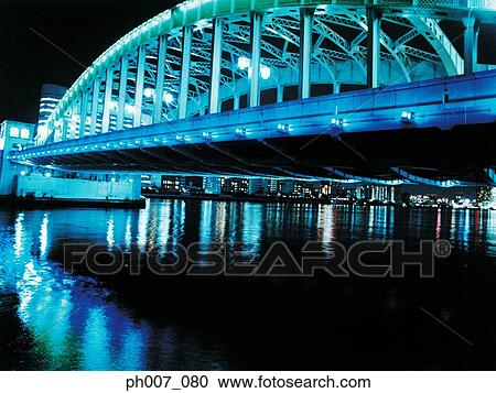Japan, Tokyo, Kachidokibashi skyline at night View Large Photo Image Stock Image - Japan, Tokyo, Kachidokibashi skyline at night. Fotosearch