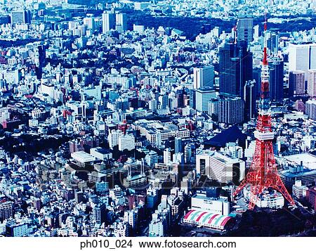 日本 東京 Minato Ku 都市風景 由于 東京塔 空中的觀點圖片 Ph010 024 Fotosearch