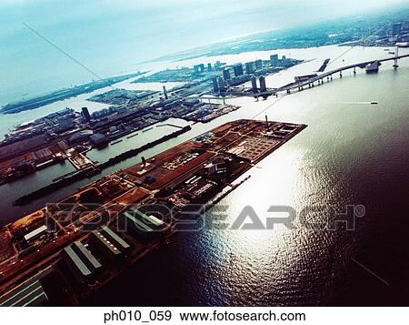 Stock Photo - An aerial fisheye lens view of Koto-ku, Tokyo, Japan. Fotosearch