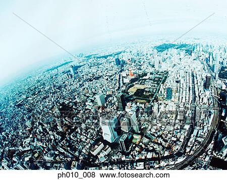Stock Photo - An aerial fisheye lens view of Minato-ku, Tokyo, Japan. Fotosearch