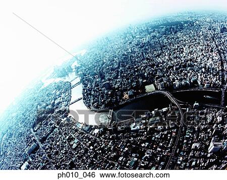 Stock Photograph - An aerial fisheye lens view of Sumida-ku, Tokyo, Japan. Fotosearch