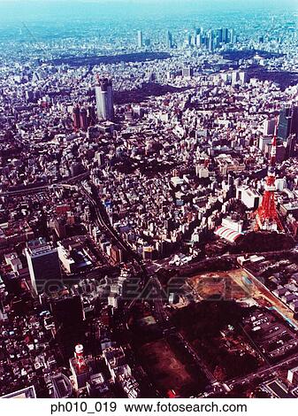 Stock Photo - Japan, Tokyo, Minato-ku, cityscape with Tokyo Tower, aerial view . Fotosearch