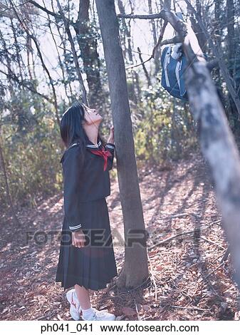 School girl looking up the tree View Large Photo Image Stock Image - School girl looking up the tree. Fotosearch