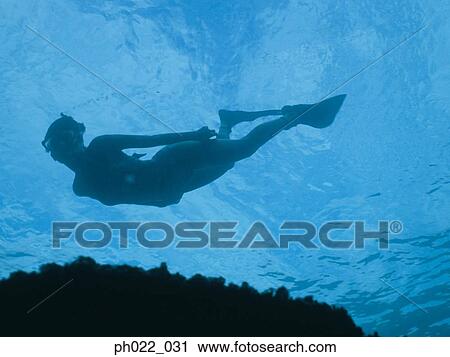 Stock Image - Diver, underwater view. Fotosearch