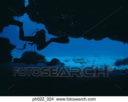Picture - Scuba divers in cave exit, silhouette. Fotosearch