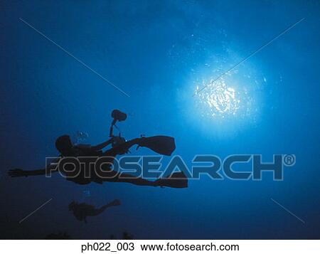 Two scuba divers underwater, silhouette View Large Photo Image Stock Image - Two scuba divers underwater, silhouette. Fotosearch
