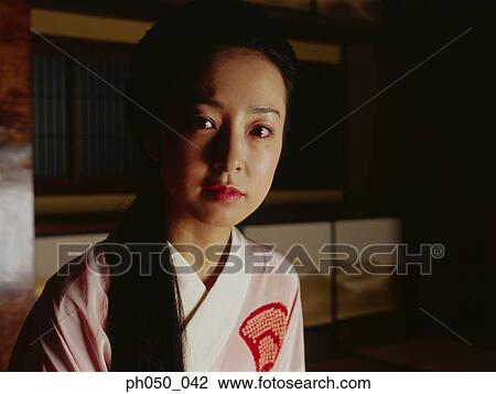 Japanese woman in kimono, portrait View Large Photo Image Stock Image - Japanese woman in kimono, portrait . Fotosearch