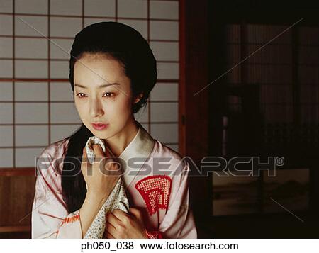 Stock Photo - Japanese woman in kimono, portrait . Fotosearch