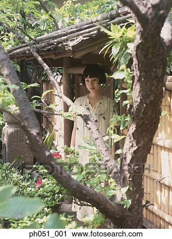 Woman in Japanese garden View Large Photo Image Stock Image - Woman in Japanese garden. Fotosearch